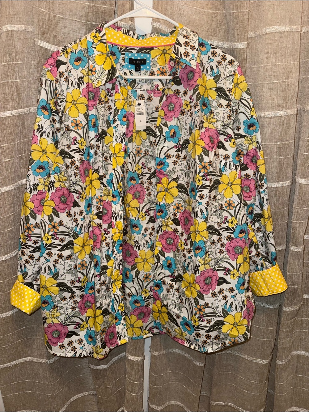 Talbots White Floral Button-Down Shirt Jacket with Yellow, Pink & Blue Flowers